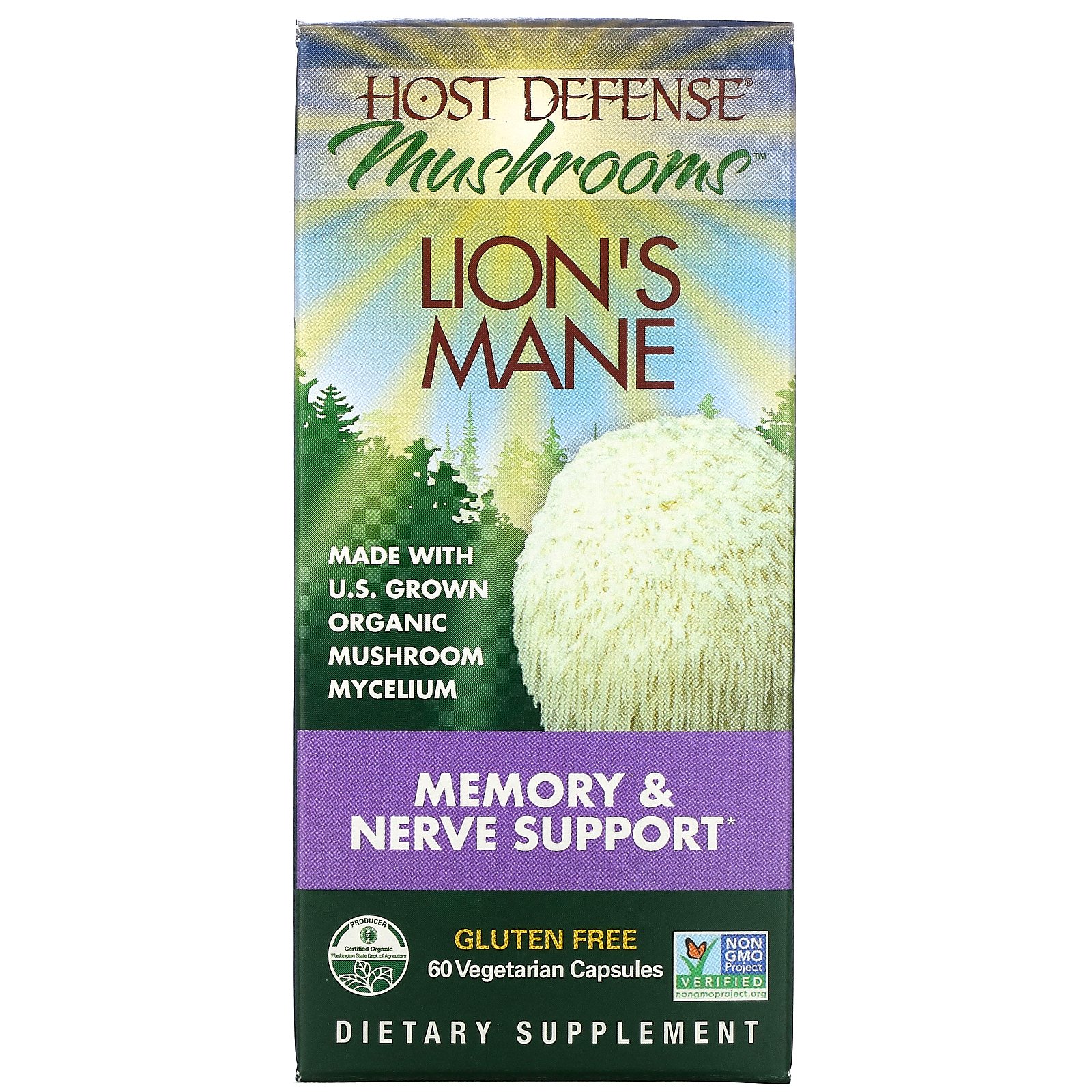 Fungi Perfecti, Host Defense, ежовик гребенчатый, поддержка памяти и нервной системы, 60 вегетарианских капсул