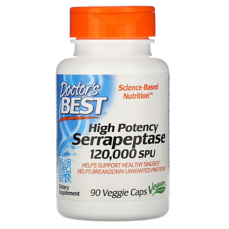 Doctor's Best, Сильнодействующая серрапептаза, 120 000 SPU, 90 растительных капсул