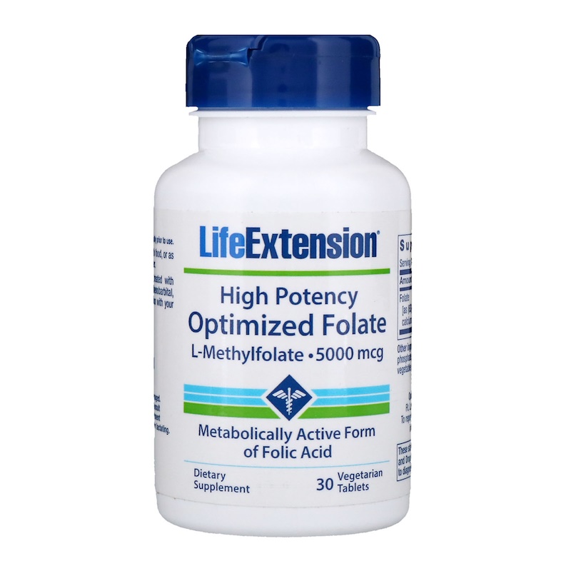 Life Extension, Высокоактивный оптимизированный фолат, 5000 мкг, 30 вегетарианских таблеток